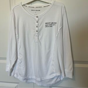 DKNY White Henley w/ Button Accents & Ribbing, Normcore, Minimalist, Nautical